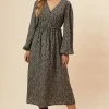 Abstract Camel Button Front Sleeve Midi Dress