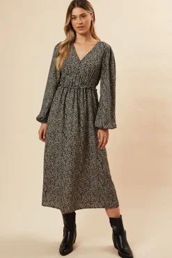 Abstract Camel Button Front Sleeve Midi Dress