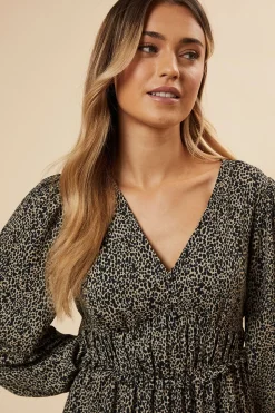 Abstract Camel Button Front Sleeve Midi Dress
