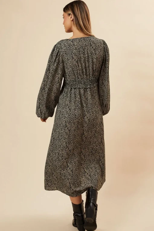 Abstract Camel Button Front Sleeve Midi Dress