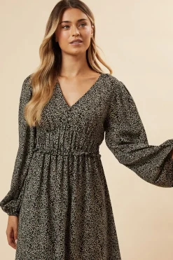 Abstract Camel Button Front Sleeve Midi Dress