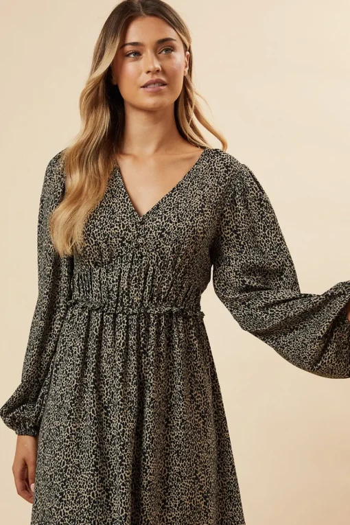 Abstract Camel Button Front Sleeve Midi Dress