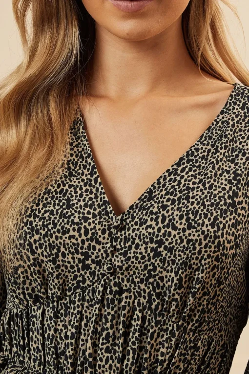 Abstract Camel Button Front Sleeve Midi Dress