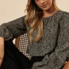 Abstract Camel Shoulder Detail Shirred Hem Blouse