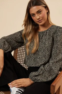 Abstract Camel Shoulder Detail Shirred Hem Blouse