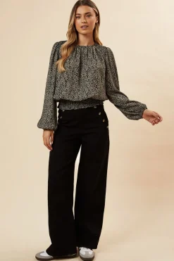 Abstract Camel Shoulder Detail Shirred Hem Blouse