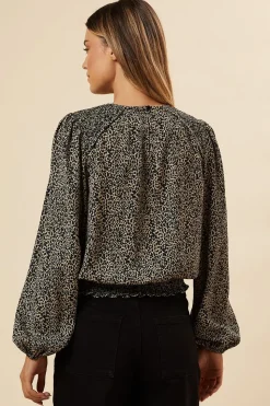 Abstract Camel Shoulder Detail Shirred Hem Blouse