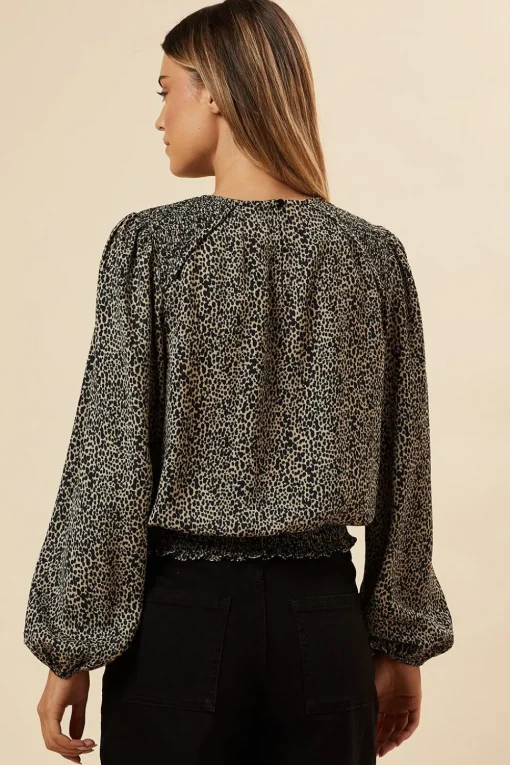 Abstract Camel Shoulder Detail Shirred Hem Blouse