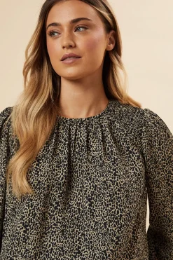 Abstract Camel Shoulder Detail Shirred Hem Blouse