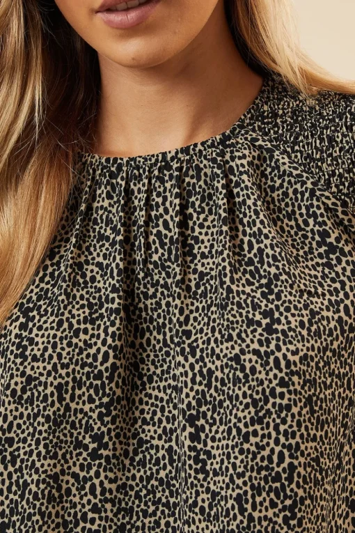 Abstract Camel Shoulder Detail Shirred Hem Blouse