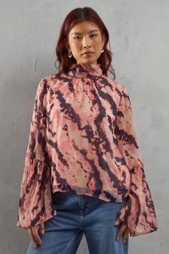 Abstract Chiffon High Neck Flutter Sleeve Blouse