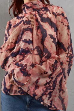 Abstract Chiffon High Neck Flutter Sleeve Blouse