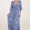 Abstract Elasticated Neck Shirred Waist Maxi Dress