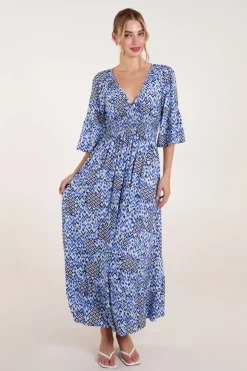 Abstract Elasticated Neck Shirred Waist Maxi Dress