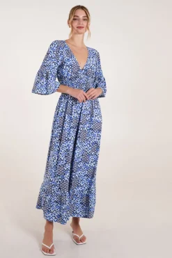 Abstract Elasticated Neck Shirred Waist Maxi Dress