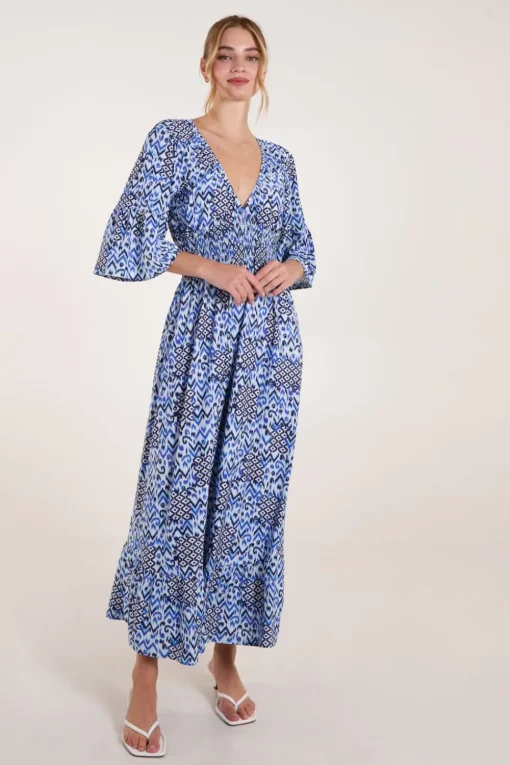 Abstract Elasticated Neck Shirred Waist Maxi Dress