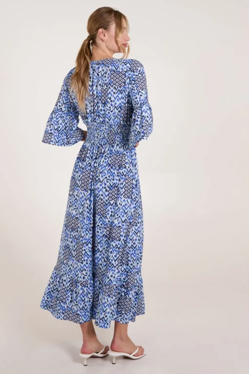 Abstract Elasticated Neck Shirred Waist Maxi Dress