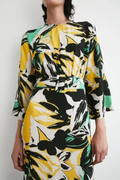Abstract Floral Belted Midi Dress
