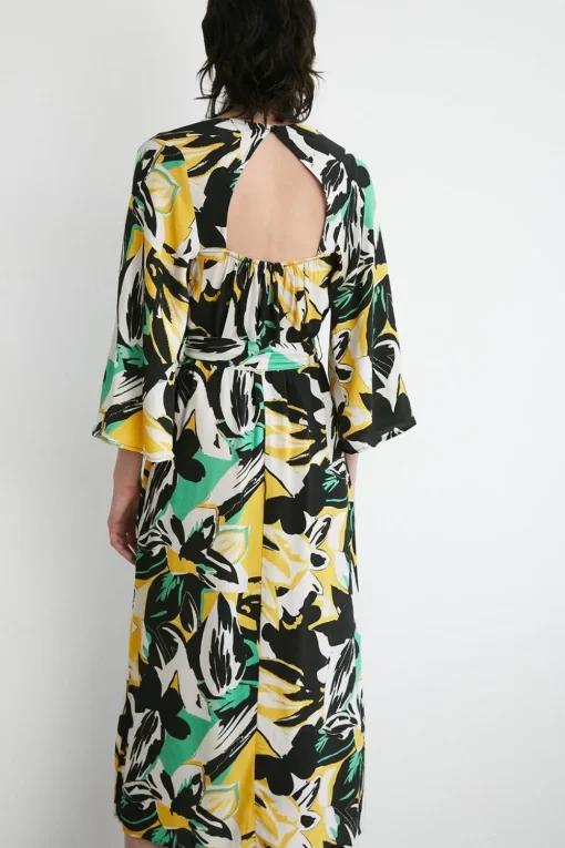 Abstract Floral Belted Midi Dress