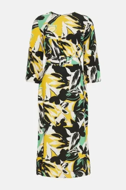 Abstract Floral Belted Midi Dress