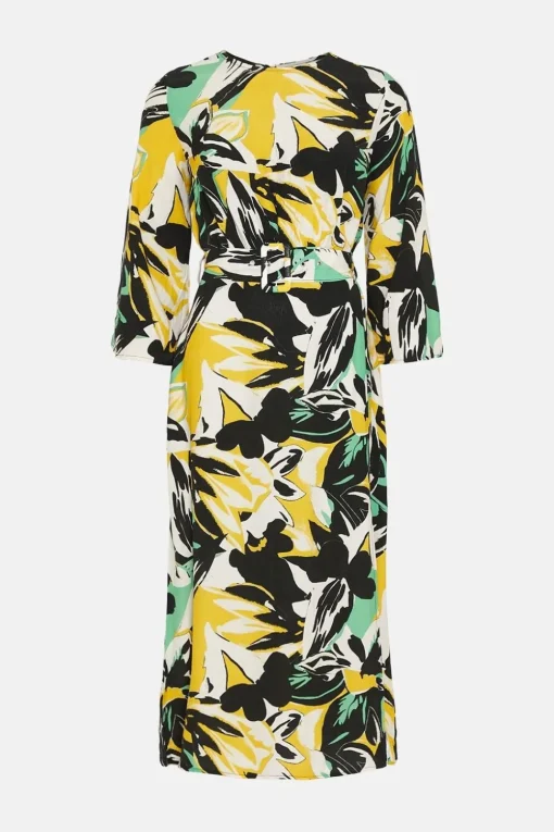 Abstract Floral Belted Midi Dress