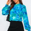 Abstract Floral Print Halter Neck Blouse Top In Blue