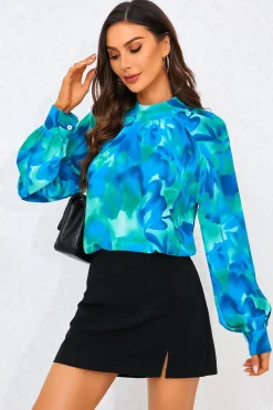 Abstract Floral Print Halter Neck Blouse Top In Blue