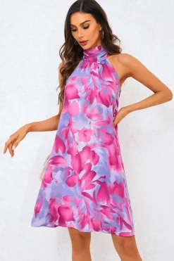 Abstract Floral Print Halter Neck Tie Back Mini Dress In Pink