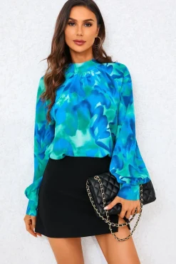 Abstract Floral Print Halter Neck Blouse Top In Blue