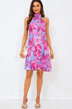 Abstract Floral Print Halter Neck Tie Back Mini Dress In Pink