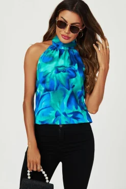 Abstract Floral Print  Halter Neck Tie Back Top In Blue