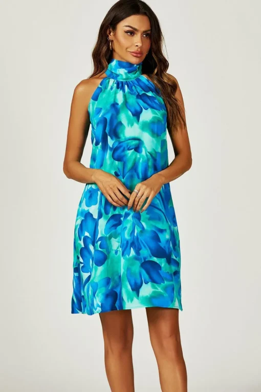 Abstract Floral Print Halter Neck Tie Back Mini Dress In Blue