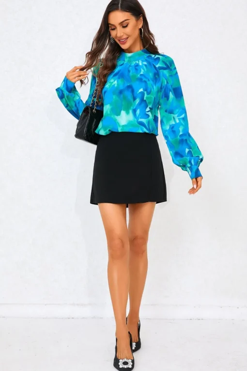 Abstract Floral Print Halter Neck Blouse Top In Blue