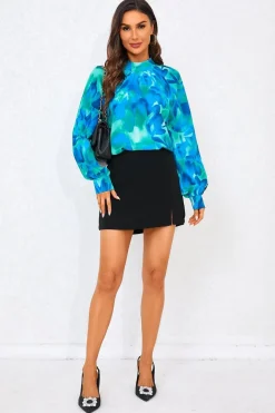 Abstract Floral Print Halter Neck Blouse Top In Blue