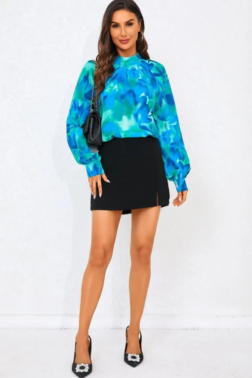 Abstract Floral Print Halter Neck Blouse Top In Blue