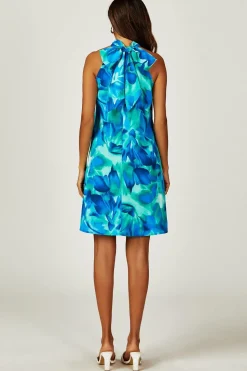 Abstract Floral Print Halter Neck Tie Back Mini Dress In Blue