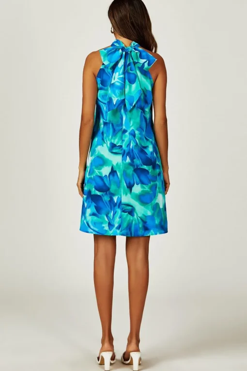 Abstract Floral Print Halter Neck Tie Back Mini Dress In Blue