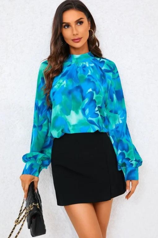 Abstract Floral Print Halter Neck Blouse Top In Blue