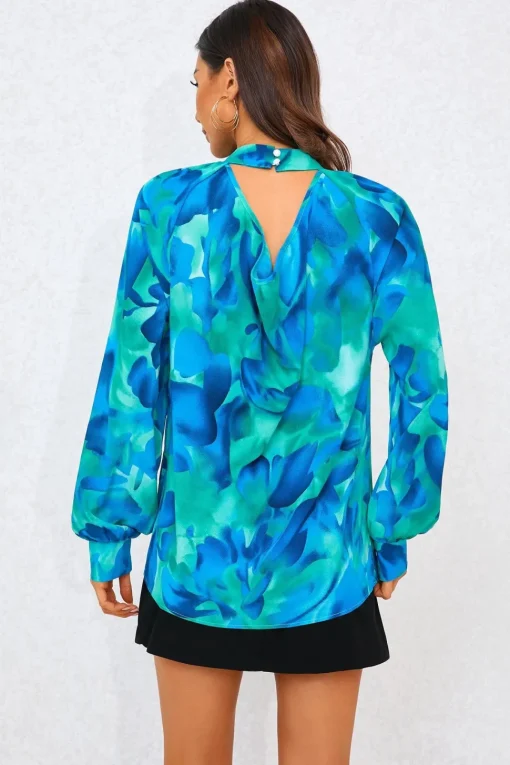 Abstract Floral Print Halter Neck Blouse Top In Blue