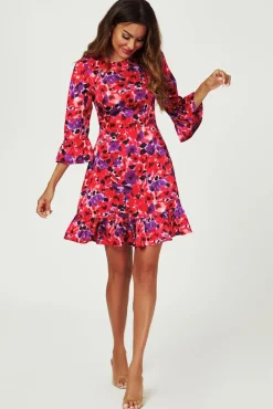 Abstract Floral Print Mini Dress In Red