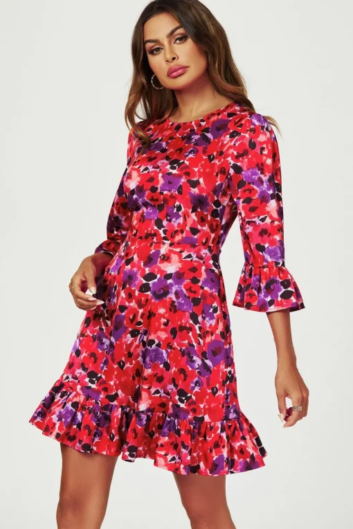Abstract Floral Print Mini Dress In Red