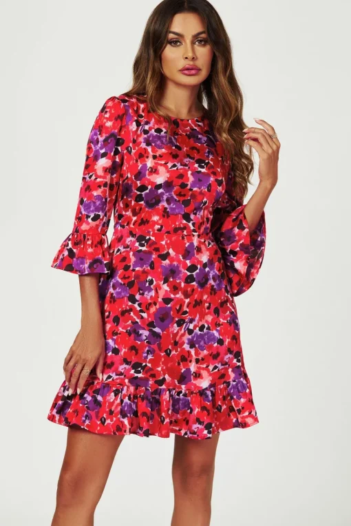 Abstract Floral Print Mini Dress In Red