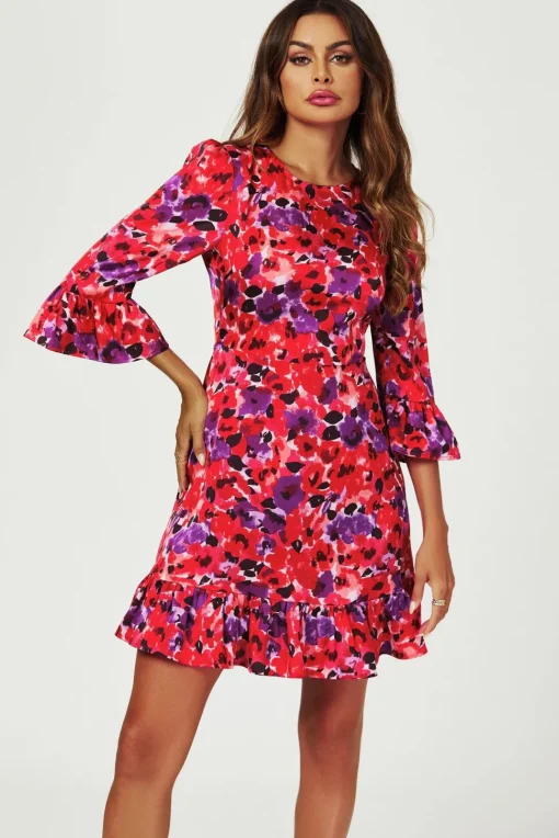 Abstract Floral Print Mini Dress In Red