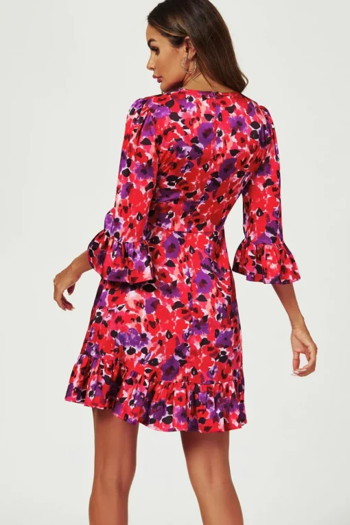 Abstract Floral Print Mini Dress In Red