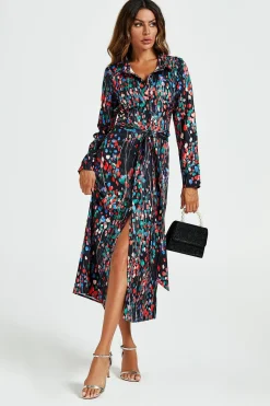 Abstract Floral Print Shirt Midi Wrap Dress In Black