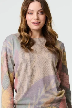 Abstract Long Sleeve Round Neck Knit Top
