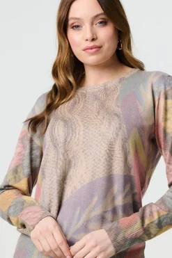 Abstract Long Sleeve Round Neck Knit Top