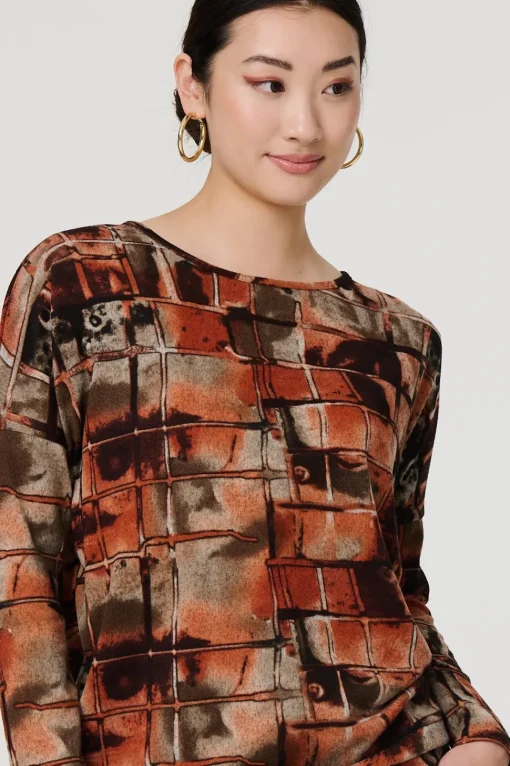 Abstract Long Sleeve Scoop Neck Top