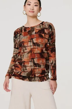 Abstract Long Sleeve Scoop Neck Top
