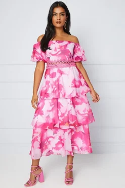 Abstract Organza Off Shoulder Midaxi Dress